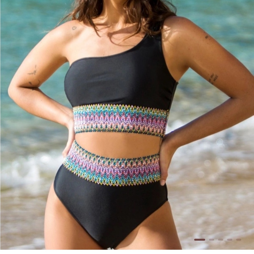 Paisley One Shoulder Woven Patchwork Black‎ Bikini Set size S NWT swimsuit